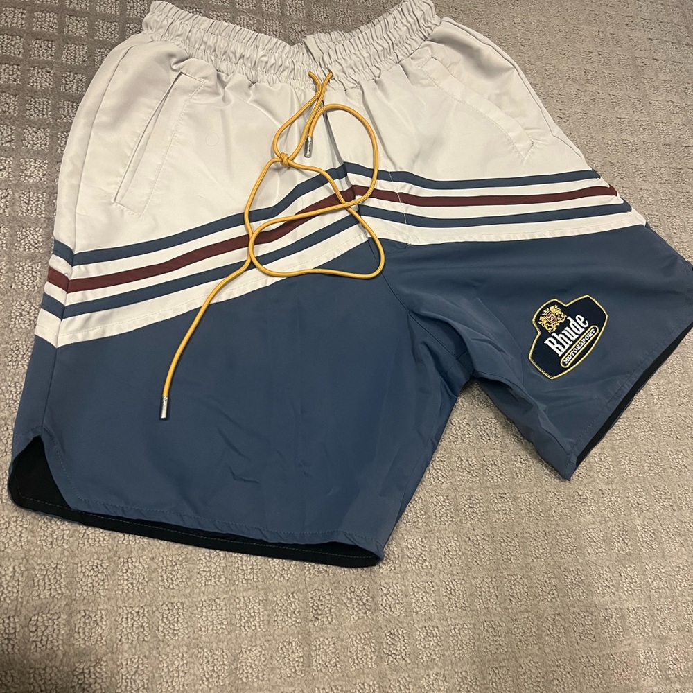 Rhude XS men’s racing shorts. Blue grey and burgundy. Only worn once. Orig $300